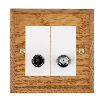 Hamilton Woods Chamfered Medium Oak Non-Isolated 2 In/2 Out TV and Satellite Socket with White Insert