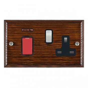 Hamilton Woods Ovolo Antique Mahogany 45A Double Pole Switch with Red Rocker and Neon plus 13A Switched Socket with Satin Chrome Rocker and Black Surround