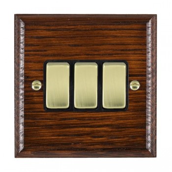 Hamilton Woods Ovolo Antique Mahogany 3 Gang 10AX 2 Way Switch with Polished Brass Rockers and Black Surround
