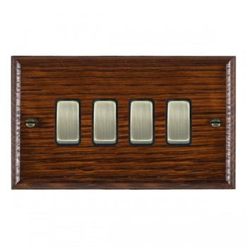 Hamilton Woods Ovolo Antique Mahogany 4 Gang 10AX 2 Way Switch with Antique Brass Rockers and Black Surround