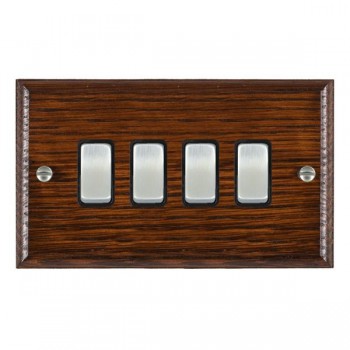 Hamilton Woods Ovolo Antique Mahogany 4 Gang 10AX 2 Way Switch with Satin Chrome Rockers and Black Surround