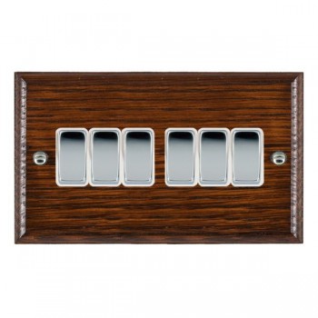 Hamilton Woods Ovolo Antique Mahogany 6 Gang 10AX 2 Way Switch with Bright Chrome Rockers and White Surround