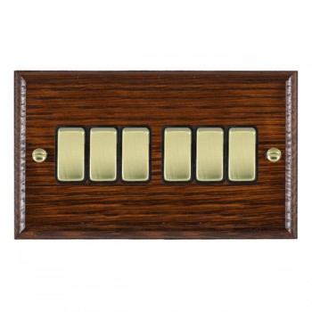 Hamilton Woods Ovolo Antique Mahogany 6 Gang 10AX 2 Way Switch with Polished Brass Rockers and Black Surround