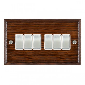 Hamilton Woods Ovolo Antique Mahogany 6 Gang 10AX 2 Way Switch with Satin Chrome Rockers and White Surround