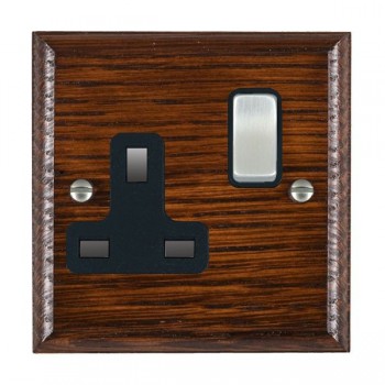 Hamilton Woods Ovolo Antique Mahogany 1 Gang 13A Double Pole Switched Socket with Satin Chrome Rocker and Black Surround
