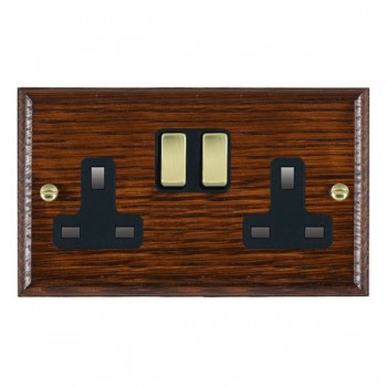 Hamilton Woods Ovolo Antique Mahogany 2 Gang 13A Double Pole Switched Socket with Polished Brass Rockers and Black Surround