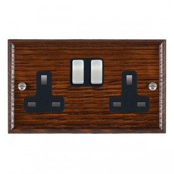 Hamilton Woods Ovolo Antique Mahogany 2 Gang 13A Double Pole Switched Socket with Satin Chrome Rockers and Black Surround