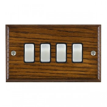 Hamilton Woods Ovolo Dark Oak 4 Gang 10AX 2 Way Switch with Satin Chrome Rockers and Black Surround