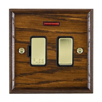 Hamilton Woods Ovolo Dark Oak 13A Double Pole Switched Fused Spur and Neon with Polished Brass Insert and Black Surround