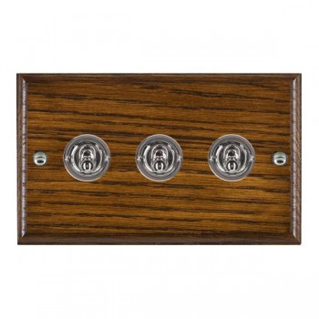 Hamilton Woods Ovolo Dark Oak 3 Gang 20AX 2 Way Toggle Switch with Bright Chrome Toggles