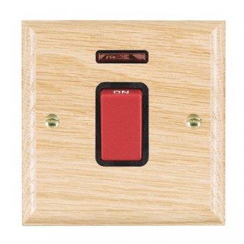 Hamilton Woods Ovolo Light Oak 45A Double Pole Switch and Neon with Red Rocker and Black Surround