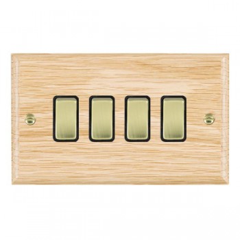 Hamilton Woods Ovolo Light Oak 4 Gang 10AX 2 Way Switch with Polished Brass Rockers and Black Surround