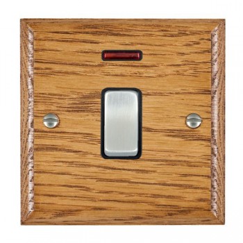 Hamilton Woods Ovolo Medium Oak 1 Gang 20AX Double Pole Switch and Neon with Satin Chrome Rocker and Black Surround