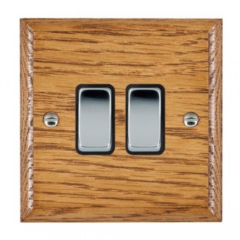 Hamilton Woods Ovolo Medium Oak 2 Gang 10AX 2 Way Switch with Bright Chrome Rockers and Black Surround