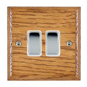 Hamilton Woods Ovolo Medium Oak 2 Gang 10AX 2 Way Switch with Bright Chrome Rockers and White Surround
