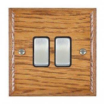 Hamilton Woods Ovolo Medium Oak 2 Gang 10AX 2 Way Switch with Satin Chrome Rockers and Black Surround