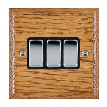 Hamilton Woods Ovolo Medium Oak 3 Gang 10AX 2 Way Switch with Bright Chrome Rockers and Black Surround