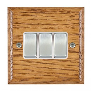 Hamilton Woods Ovolo Medium Oak 3 Gang 10AX 2 Way Switch with Satin Chrome Rockers and White Surround