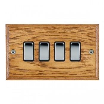 Hamilton Woods Ovolo Medium Oak 4 Gang 10AX 2 Way Switch with Bright Chrome Rockers and Black Surround