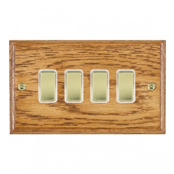 Hamilton Woods Ovolo Medium Oak 4 Gang 10AX 2 Way Switch with Polished Brass Rockers and White Surround
