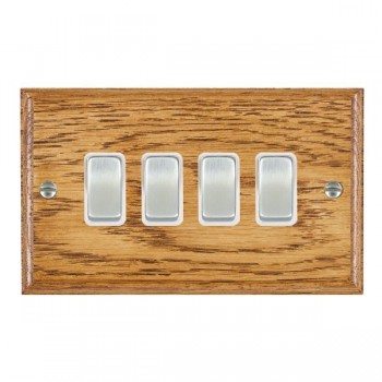 Hamilton Woods Ovolo Medium Oak 4 Gang 10AX 2 Way Switch with Satin Chrome Rockers and White Surround