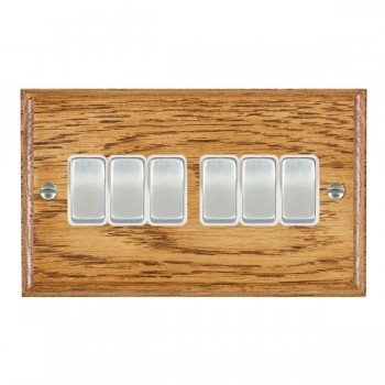 Hamilton Woods Ovolo Medium Oak 6 Gang 10AX 2 Way Switch with Satin Chrome Rockers and White Surround