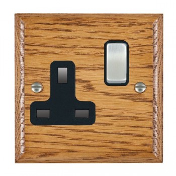 Hamilton Woods Ovolo Medium Oak 1 Gang 13A Double Pole Switched Socket with Satin Chrome Rocker and Black Surround