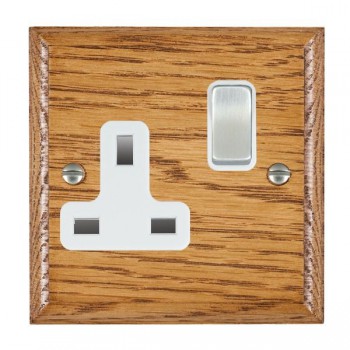 Hamilton Woods Ovolo Medium Oak 1 Gang 13A Double Pole Switched Socket with Satin Chrome Rocker and White Surround