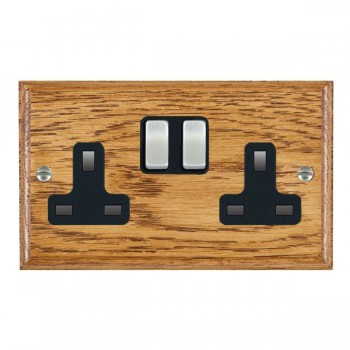 Hamilton Woods Ovolo Medium Oak 2 Gang 13A Double Pole Switched Socket with Satin Chrome Rockers and Black Surround