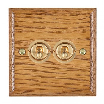 Hamilton Woods Ovolo Medium Oak 2 Gang 20AX 2 Way Toggle Switch with Polished Brass Toggles