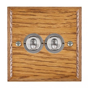 Hamilton Woods Ovolo Medium Oak 2 Gang 20AX 2 Way Toggle Switch with Satin Chrome Toggles