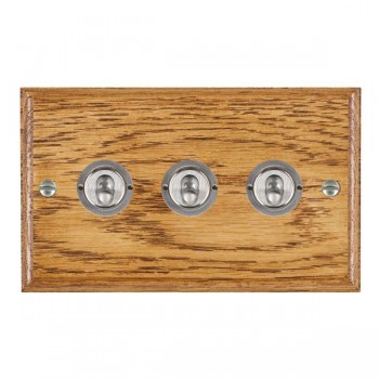 Hamilton Woods Ovolo Medium Oak 3 Gang 20AX 2 Way Toggle Switch with Satin Chrome Toggles