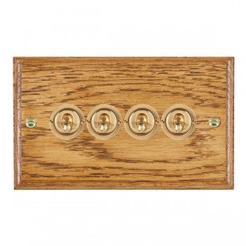 Hamilton Woods Ovolo Medium Oak 4 Gang 20AX 2 Way Toggle Switch with Polished Brass Toggles